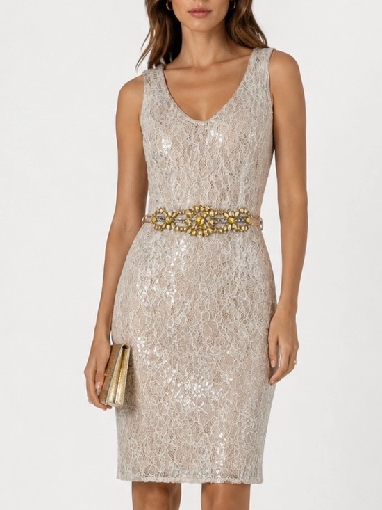 Badgley Mischka Dresses & Skirts - BADGLEY MISCHKA Sleeveless Beige Lace Sequin Dress Size US10